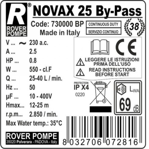 Pompa de transfer lichide ROVER NOVAX 25 By-Pass, 460 W, 1500-2500 L/h [1]