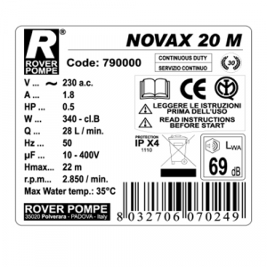 Pompa de transfer lichide ROVER NOVAX 20 M, 340 W, 1700 L/h [1]