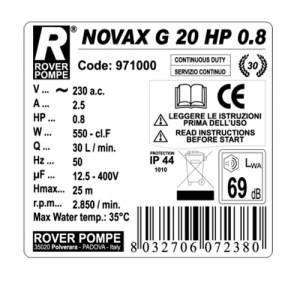 Pompa de transfer lichide vascoase ROVER NOVAX G 20 HP 0.8, 540 W, 1750 L/h [1]