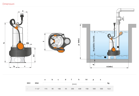 Pompa submersibila vortex Pedrollo VXm 10/35-N, 750 W, 400 L/min, Hmax. 11 m, monofazata [2]