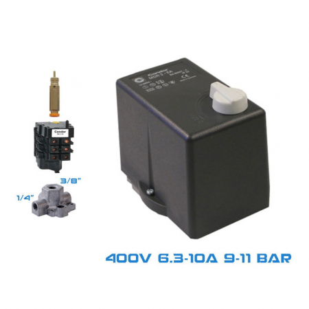 Componente - Presostat compresor trifazat Condor MDR3, 6.3-10 A, filet 3/8", 3 iesiri 1/4", 9-11 bar