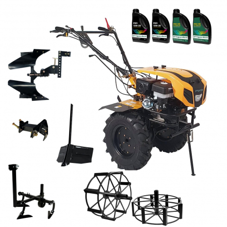 Agricultura - Pachet Motocultor ProGARDEN Campo 1844, 18 CP + Plug bilonat reglabil + Plug arat reversibil + Prasitoare + Adaptor +  Set roti metalice 540x170 + 2L Ulei motor + 2L Ulei transmisie