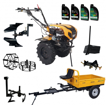 Agricultura - ProGARDEN Pachet Campo 1844 Motocultor 18CP + Remorca RM500C + Plug bilonat + Plug reversibil + Prasitoare + Adaptor + 2 Roti metalice 540x170 + 4L Ulei