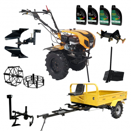 Agricultura - Pachet Motocultor ProGARDEN Campo 1844, 18 CP + Remorca RM600C + Plug bilonat reglabil + Plug arat reversibil + Prasitoare + Adaptor +  Set roti metalice 540x170 + 2L Ulei motor + 2L Ulei transmisie