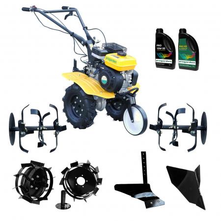 Agricultura - Pachet Motosapa ProGARDEN Campo 703, 7 CP+ Plug arat simplu + Plug bilonat fix + Set roti metalice 350x6 + 1L Ulei motor + 1L Ulei transmisie