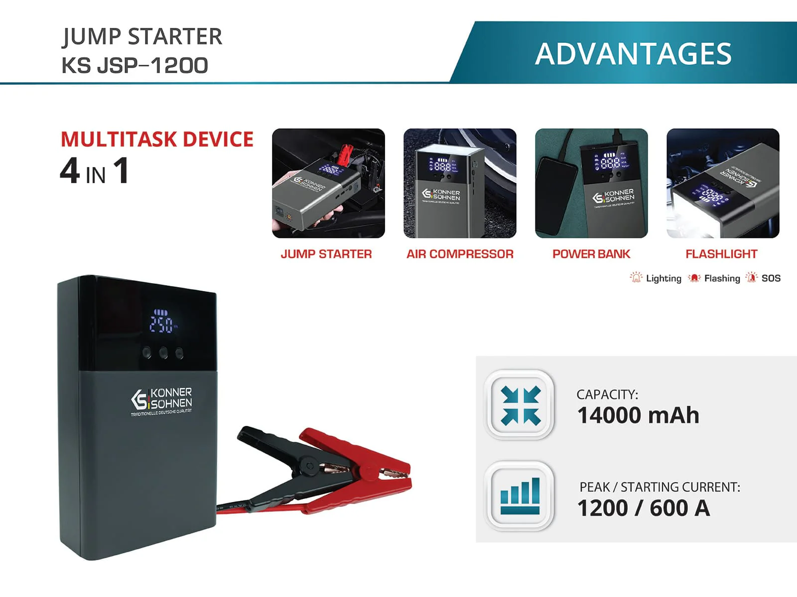 Redresor auto cu compresor Konner & Sohnen KS JSP-1200, baterie 14000 mAh, curent max. 1200 A [2]