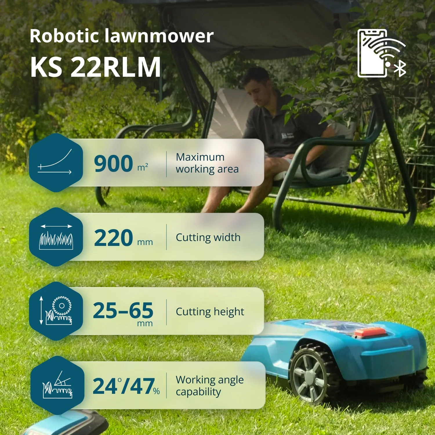 Robot de tuns gazon Konner & Sohnen KS 22RLM, 20V, 4Ah, 22 cm, 25-65 mm, 900 mp, Bluetooth, Wi-Fi [1]