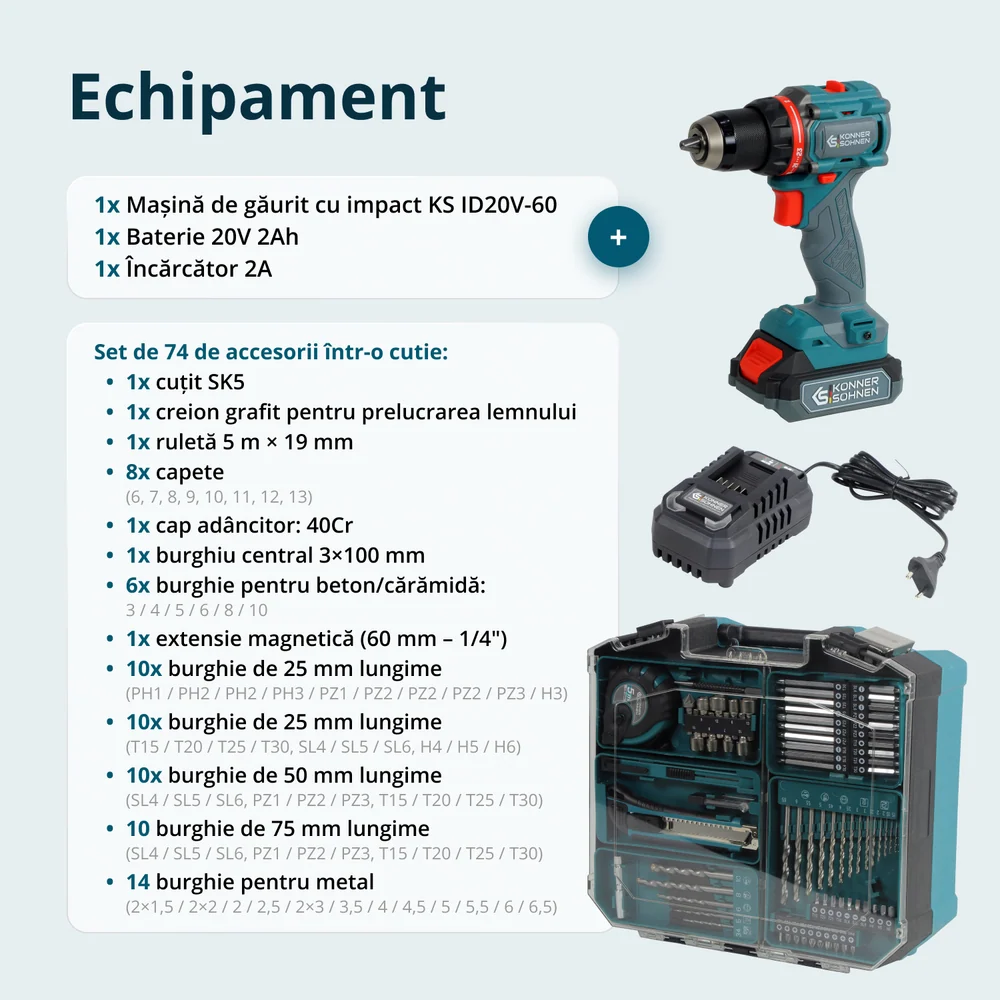 Set Master fara fir Konner & Sohnen KS ID20V-60 KIT 74 - Masina de gaurit si insurubat cu percutie 20 V + Set 74 accesorii [8]