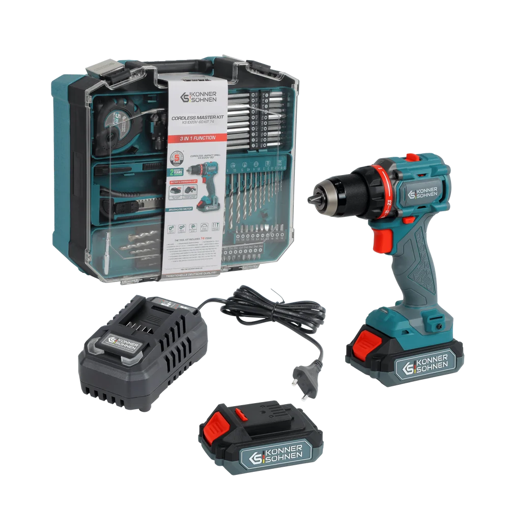 Masini de gaurit si insurubat - Set Master fara fir Konner & Sohnen KS ID20V-60 KIT 74 - Masina de gaurit si insurubat cu percutie 20 V + Set 74 accesorii