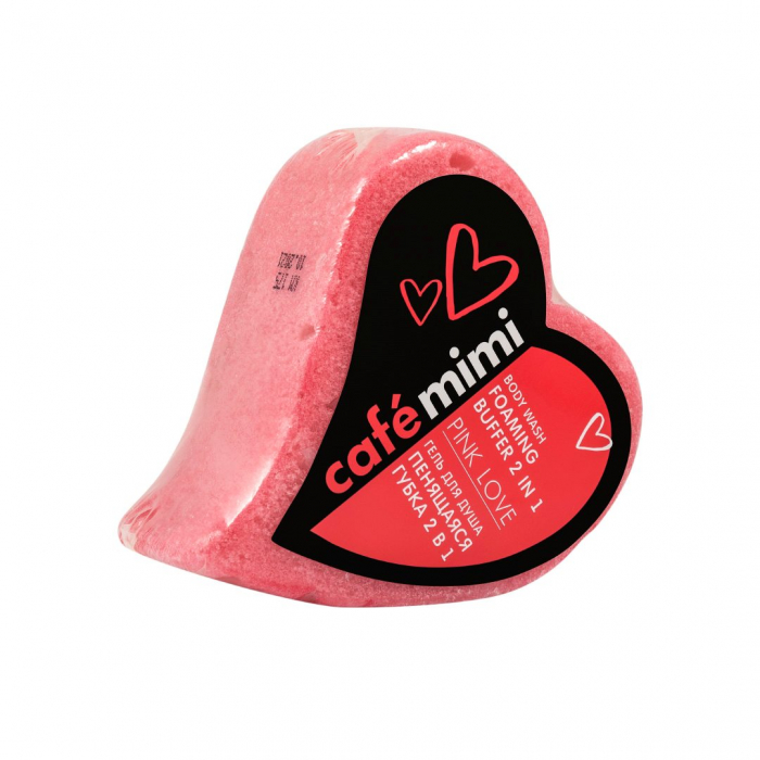 Burete de baie spumant cu Gel de dus 2in1 reutilizabil Cafe Mimi Body Wash Foaming Buffer Pink Love, cu Capsuni si Migdale 60gr [1]