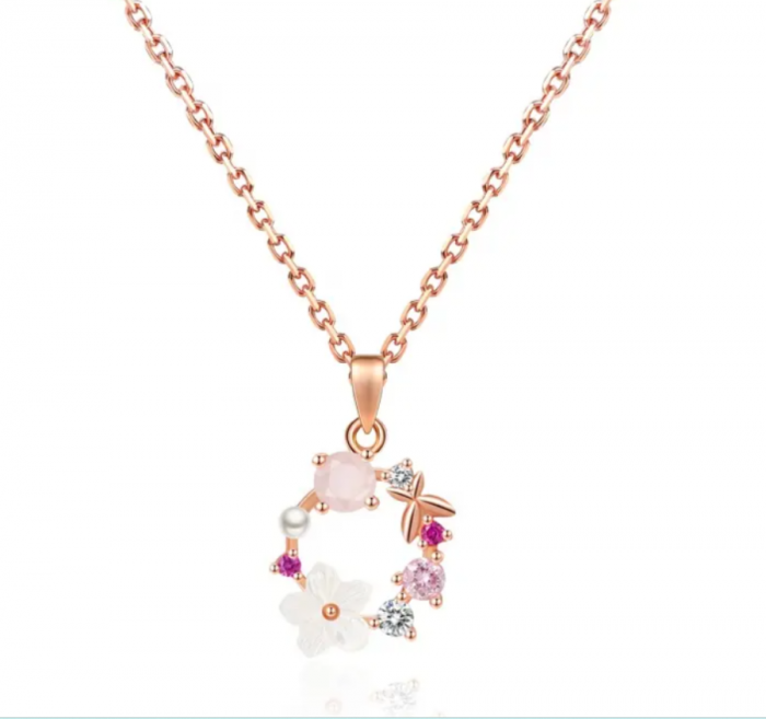 Colier elegant placat cu aur roz 925 – Pandantiv floral cu pietre semiprețioase [5]