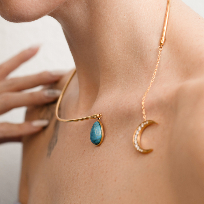 Colier Lunar Eclipse – Bijuterie din inox medical aurit 18K, cu cristale si peridot Ninja Kitten [2]