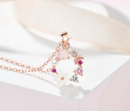 Bijuterii - Soul Jewelry - Colier elegant placat cu aur roz 925 – Pandantiv floral cu pietre semiprețioase