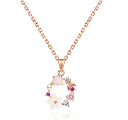 Colier elegant placat cu aur roz 925 – Pandantiv floral cu pietre semiprețioase [4]