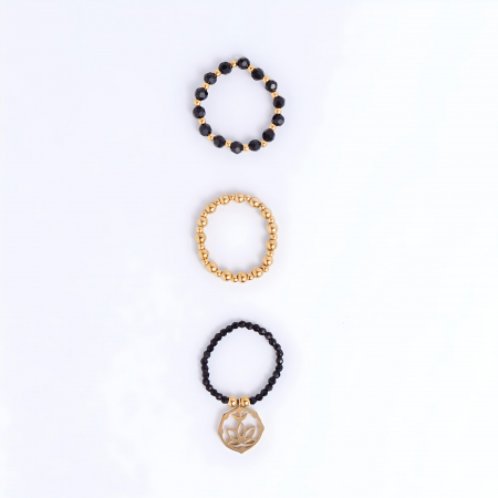 Categorie de bijuterie - Set 3 inele Cosmic Bloom negru si auriu piatra soarelui si onix