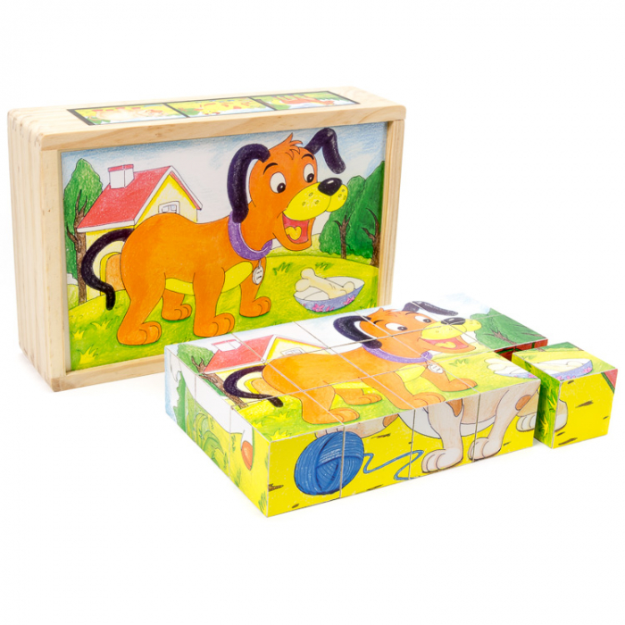 Puzzle cuburi din lemn 15 piese cu animale domestice [2]