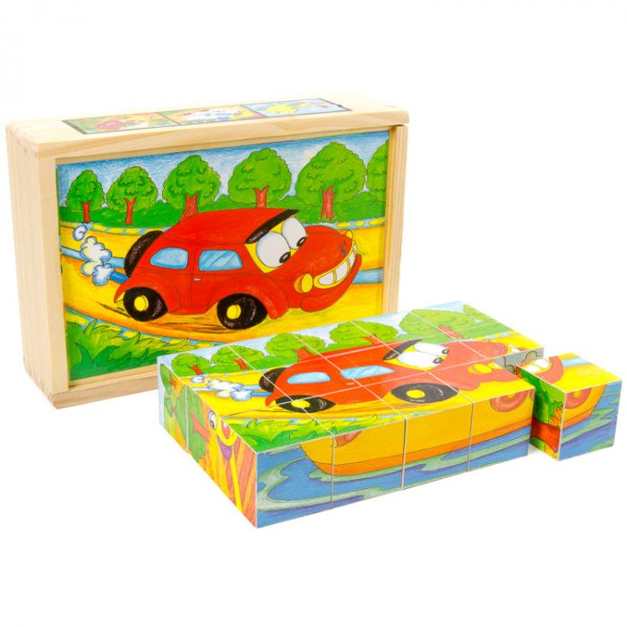 Puzzle cuburi din lemn 15 piese cu vehicule [2]