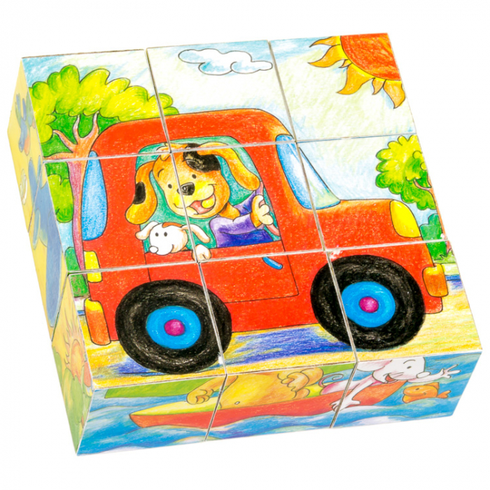 Puzzle cuburi din lemn 9 piese cu animale in vehicule [3]