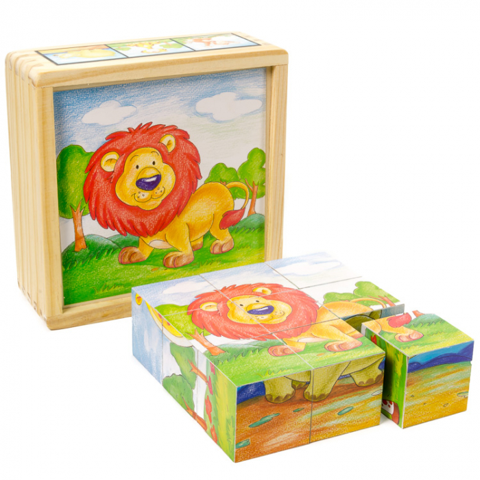 Puzzle cuburi din lemn 9 piese cu animale sălbatice [2]
