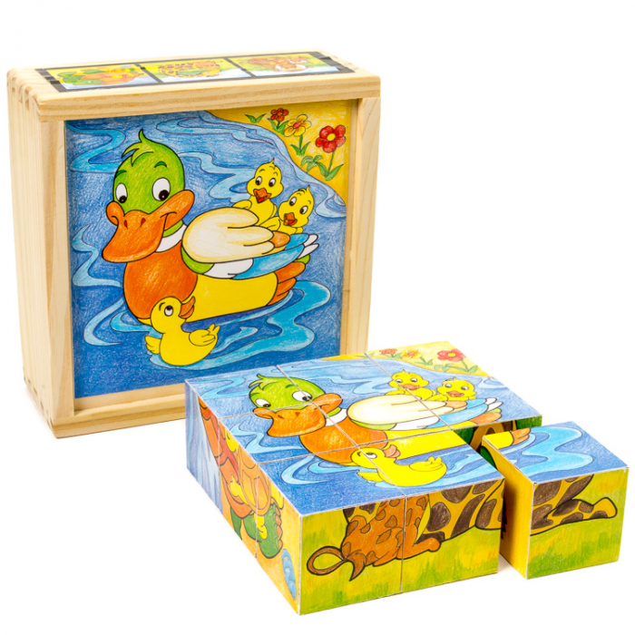 Puzzle cuburi din lemn 9 piese cu animale şi puiuţii lor [2]
