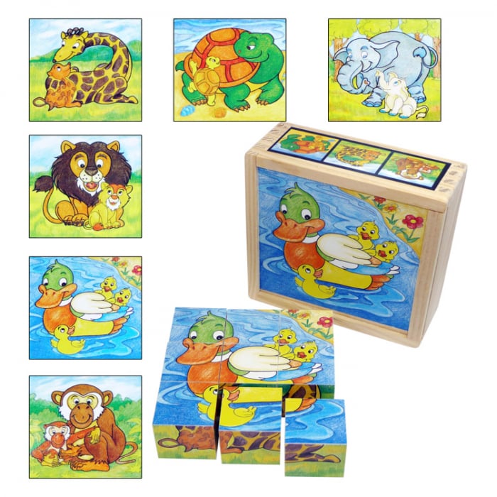 Puzzle cuburi din lemn 9 piese cu animale şi puiuţii lor [1]