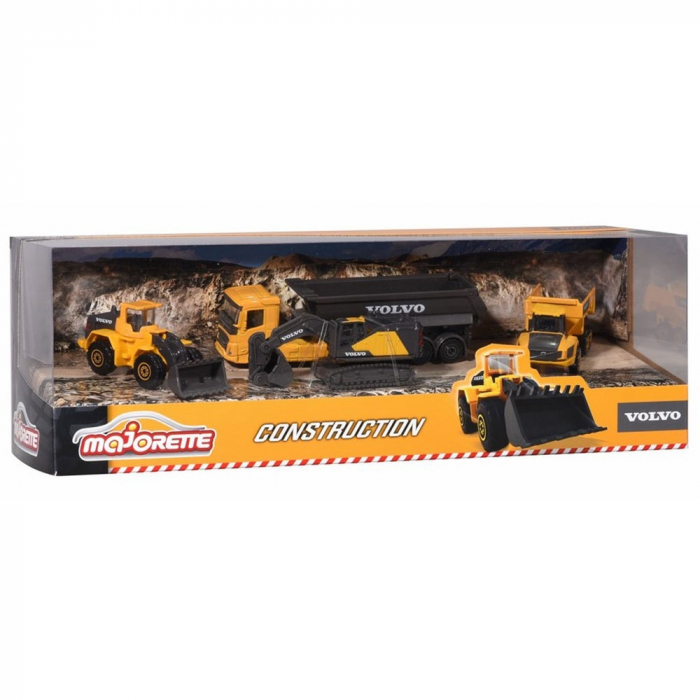 Set Majorette Volvo camion cu remorca, camion basculant, buldozer si excavator [5]