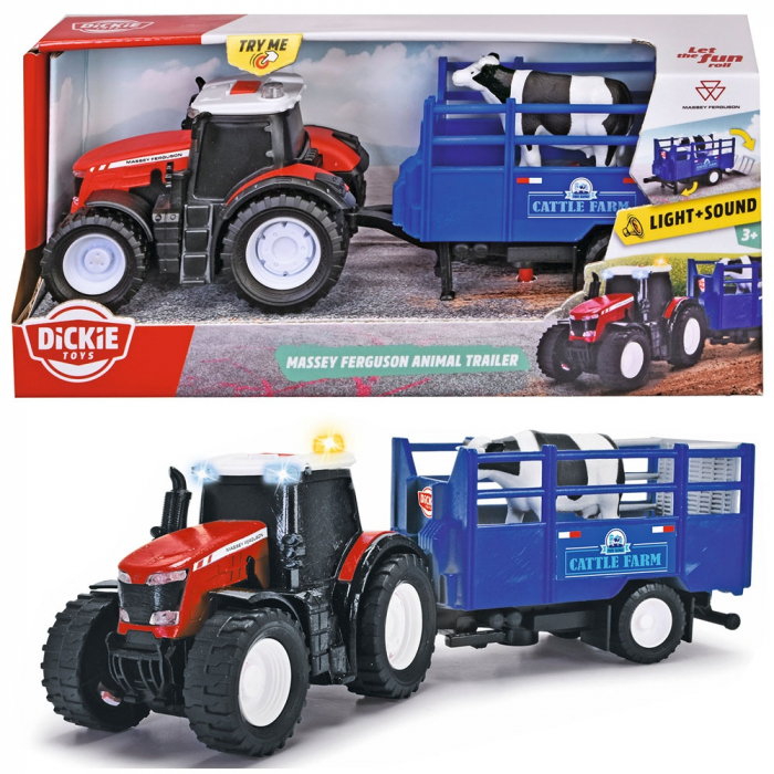 Tractor Dickie Toys Massey Ferguson Animal Trailer 26 cm cu lumini, sunete, remorca si figurina vaca [11]