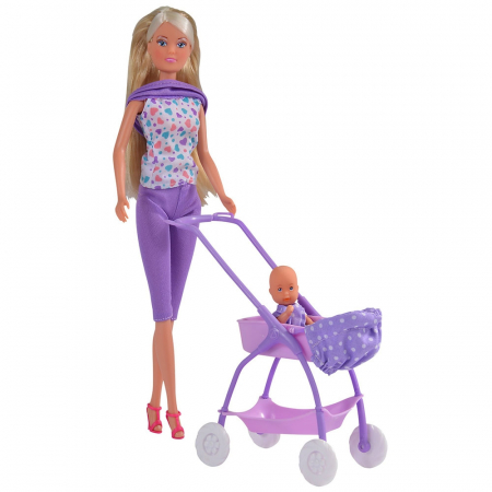 PĂPUȘI ȘI ACCESORII - Papusa Simba Steffi Love Baby Walk 29 cm mov cu carucior si accesorii