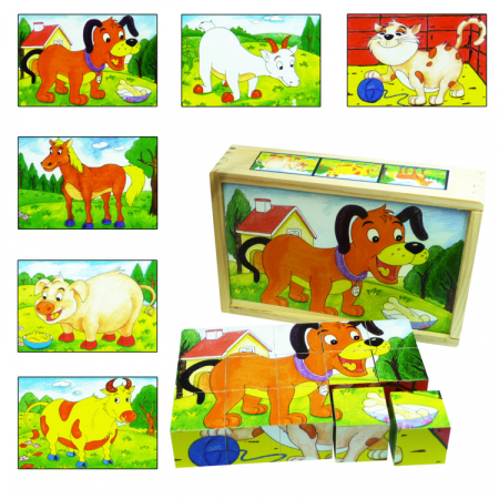Puzzle cuburi din lemn 15 piese cu animale domestice [0]