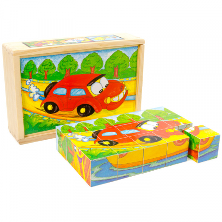 Puzzle cuburi din lemn 15 piese cu vehicule [1]