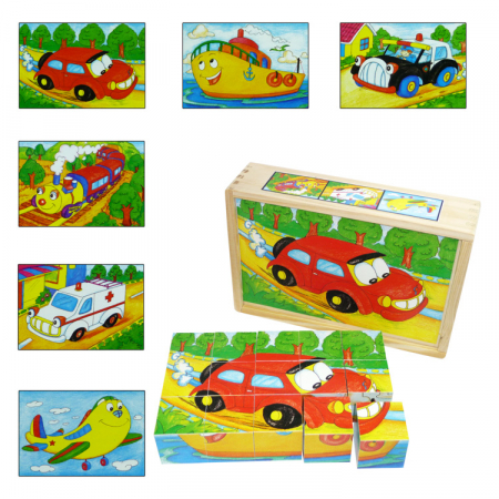 Puzzle cuburi din lemn 15 piese cu vehicule [0]