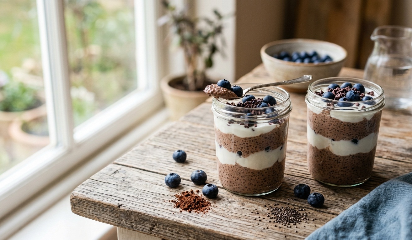 Budinca de chia cu afine, cacao si iaurt grecesc