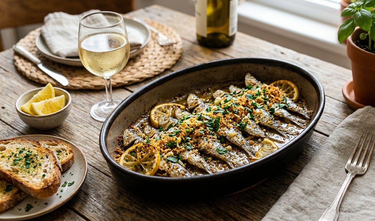 Sardine la cuptor cu usturoi si pesmet – reteta rapida si sanatoasa