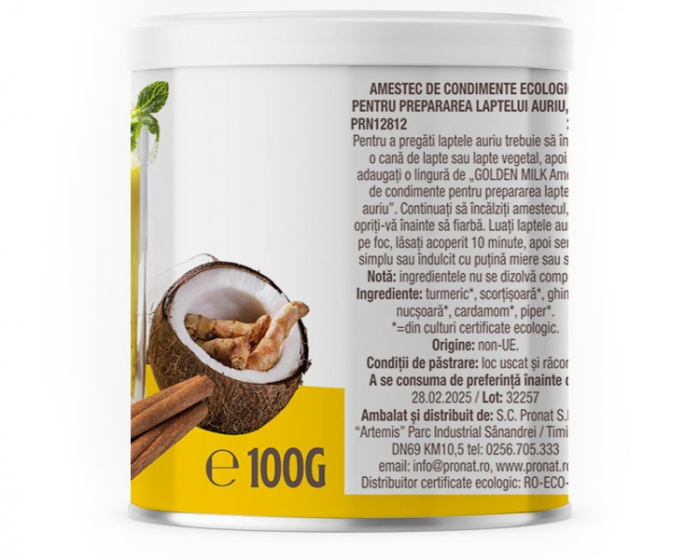 Amestec de condimente bio pentru prepararea Laptelui Auriu, 100g Pronat [3]