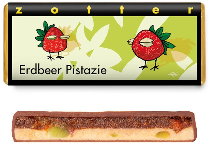 Bio & Fair ciocolata neagra cu lapte umpluta cu martipan de capsuni si nuga de migdale si fistic, Erdbeer Pistazie, 70g Zotter [2]