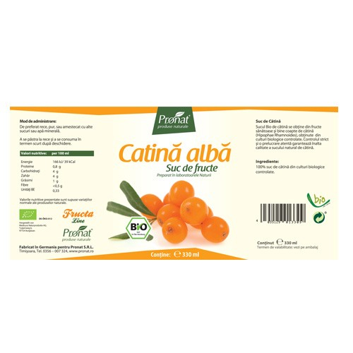 Suc de catina alba 100%, bio, 330ml Medicura [2]