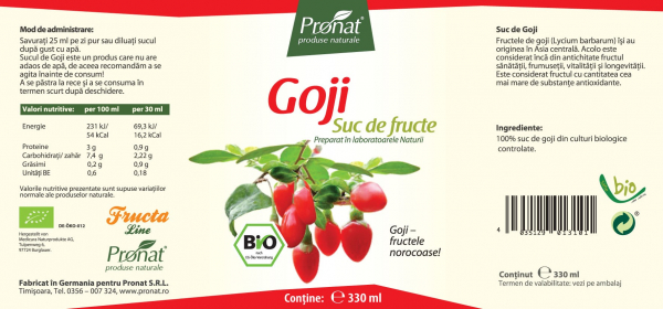 Suc de goji 100%, bio, 330ml Medicura [2]
