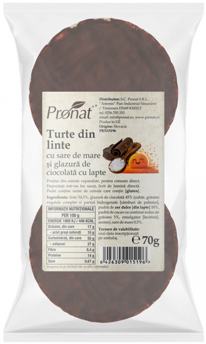 Turte din linte cu sare de mare si glazura de ciocolata cu lapte, 70g Pronat [1]