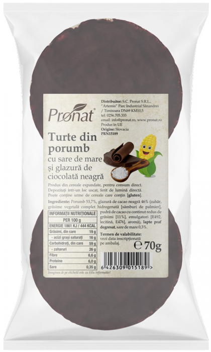 Turte din porumb cu sare de mare si glazura de ciocolata neagra, 70g Pronat [1]