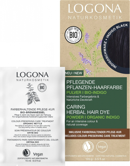Vopsea de par pulbere, pe baza de plante, negru indigo, 100g Logona [2]