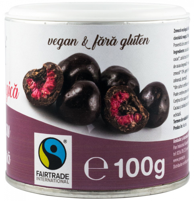 Zmeura glazurata cu ciocolata neagra bio, 100g Pronat [2]
