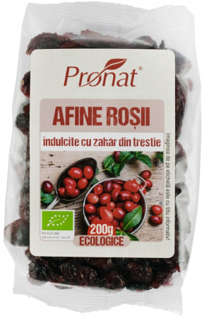 Seminte, fructe uscate, samburi - Afine rosii bio indulcite cu zahar din trestie, 200g Pronat