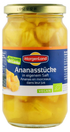 Dulceturi, gemuri, compoturi - Ananas bio bucati in suc propriu, 350g Morgenland