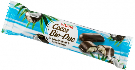 Alimente - Batoane bio de cocos in ciocolata neagra cu lapte, 40g Vitana