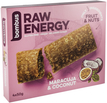 Alimente - Baton energizant Raw Energy cu maracuja si nuca de cocos, 4x50g Bombus