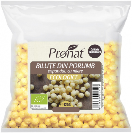 Cereale, fulgi din cereale, mic dejun - Bilute bio din porumb expandat cu miere, 125g Pronat