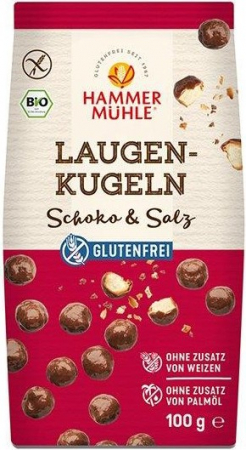 Biscuiti si napolitane - Bilute bio fara gluten, din aluat de Bretzel, trase in ciocolata cu lapte si sare, 100g Hammer Muhle