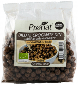 Cereale, fulgi din cereale, mic dejun - Bilute crocante din multicereale bio + ciocolata cu lapte, 125g Pronat