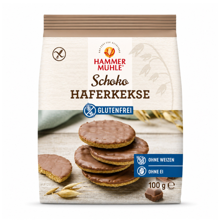 Tendinte - Biscuiti de ovaz fara gluten cu glazura de ciocolata, 100g Hammer Muhle