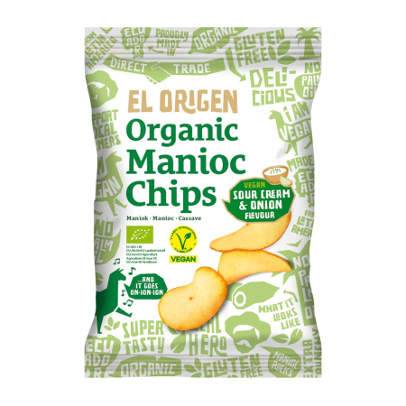 Snacksuri - Chipsuri bio de Manioc cu aroma de smntna vegana si ceapa, 60g El Origen